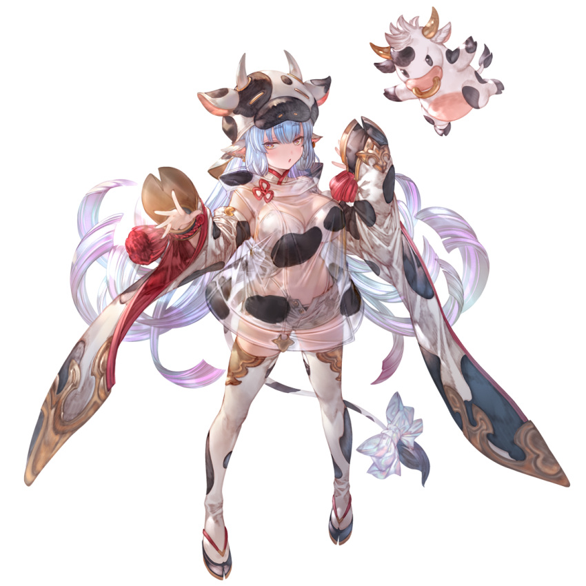 1girl animal_costume animal_ears animal_print blue_hair bow catura_(granblue_fantasy) cow cow_costume cow_ears cow_girl cow_hat cow_hood cow_horns cow_print cow_tail draph ear_piercing full_body gradient_hair granblue_fantasy horns micro_shorts minaba_hideo multicolored_hair official_art piercing purple_eyes purple_hair sheer_clothes shorts simple_background tail thighhighs transparent_background white_shorts