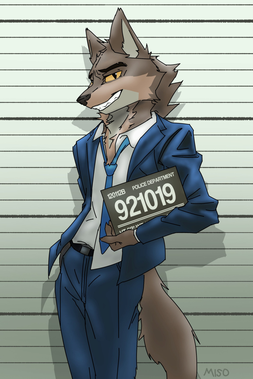 2021 absurd_res anthro bottomwear canid canine canis clothing dreamworks hand_in_pocket hi_res karasumisso looking_at_viewer male mammal mr._wolf_(the_bad_guys) numbered_tag pants pockets police_lineup smile solo station suit teeth the_bad_guys wolf