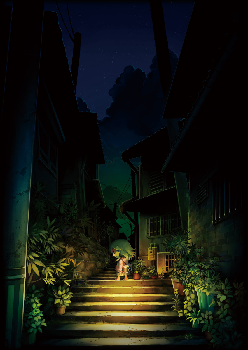 1girl absurdres broken_mirror building camera full_body green_hair highres hood hoodie key_visual looking_at_viewer looking_back medium_hair night nippon_ichi official_art plant potted_plant power_lines promotional_art sandals second-party_source skirt sky solo stairs star_(sky) starry_sky traffic_mirror tree utility_pole yomawari yomawari_san