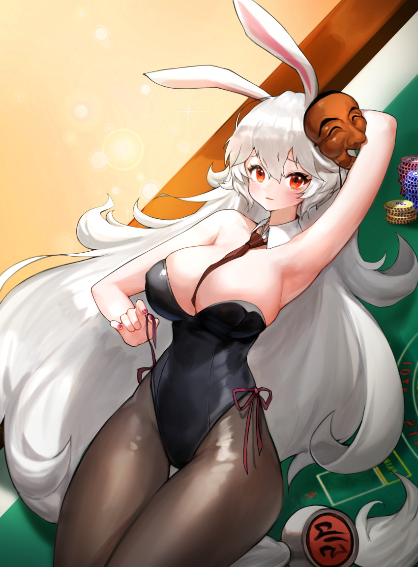 1girl absurdres animal_ears arm_behind_head arm_up armpits artist_request bare_arms bare_shoulders between_breasts black_leotard breasts brown_legwear cleavage commission crusaders_quest detached_collar highleg highleg_leotard highres large_breasts leotard long_hair looking_at_viewer mask mask_on_head necktie necktie_between_breasts no_bra pantyhose parted_lips playboy_bunny rabbit_ears red_eyes red_necktie second-party_source solo strapless strapless_leotard thigh_gap very_long_hair white_hair