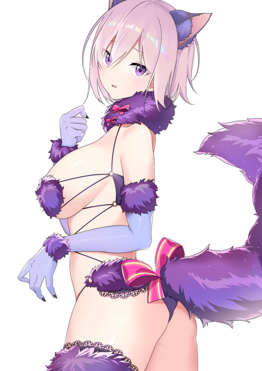 1girl absurdres animal_ears ass bangs bare_shoulders bow breasts commentary elbow_gloves fate/grand_order fate_(series) fur-trimmed_gloves fur-trimmed_legwear fur_collar fur_trim gloves hair_over_one_eye highres lace-trimmed_legwear lace_trim large_breasts light_purple_hair looking_at_viewer mash_kyrielight mash_kyrielight_(dangerous_beast) o-ring open_mouth oxygen_mask_(oxygenmask233) purple_eyes purple_gloves purple_legwear revealing_clothes short_hair solo tail wolf_ears wolf_tail