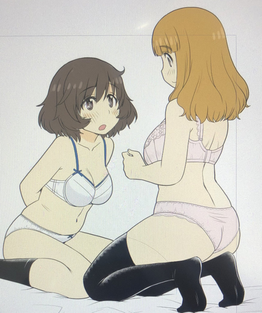 2girls akiyama_yukari arms_behind_back ass bra breasts brown_hair girls_und_panzer highres long_hair medium_breasts multiple_girls navel panties pink_bra pink_panties short_hair squatting takebe_saori thighhighs underwear underwear_only uona_telepin white_bra white_panties