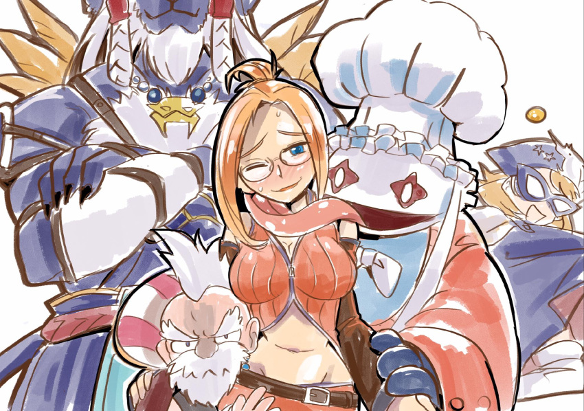 1other 2boys 2girls :3 avatar_(ffxiv) beard blonde_hair blue_mage blush breasts cape chef_hat claws cleavage domino_mask facial_hair final_fantasy final_fantasy_ix final_fantasy_vi final_fantasy_viii final_fantasy_x final_fantasy_xiv glasses hat head_out_of_frame highres kimahri_ronso licking long_tongue mask midriff mohawk monster_boy multiple_boys multiple_girls navel old old_man one_eye_closed quina_quen quistis_trepe robojanai ronso smile stragus_magus sweatdrop thick_eyebrows tongue trait_connection white_hair