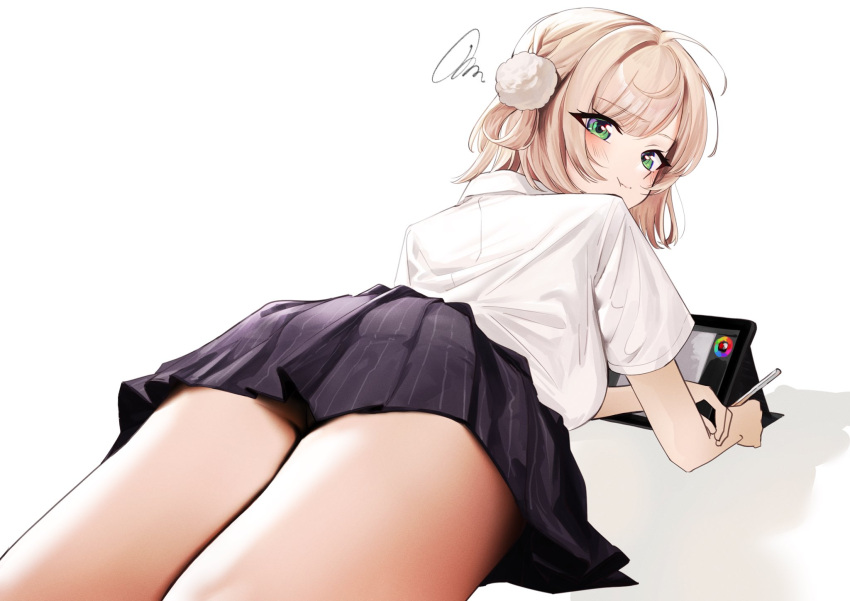 1girl ahoge ass bangs blonde_hair blush breasts collared_shirt drawing_tablet eyebrows_visible_through_hair from_behind green_eyes hair_ornament highres indie_virtual_youtuber looking_at_viewer lying medium_breasts medium_hair miniskirt panties pantyhose pantyshot pom_pom_(clothes) pom_pom_hair_ornament pout shadow shigure_ui_(vtuber) shirt simple_background skirt solo underwear urokong virtual_youtuber white_background white_shirt