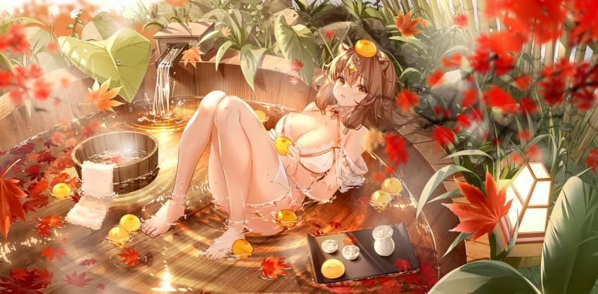 1girl :o afloat alcohol animal_ears autumn_leaves bamboo_fence bangs barefoot basin bath bathing blurry blush bra breasts brooch brown_hair bucket character_request choker choko_(cup) clouble convenient_leg cup day depth_of_field eyebrows_visible_through_hair falling_leaves fence flower food food_on_head fruit fruit_on_head hair_ornament hair_tubes highres holding holding_food holding_fruit jewelry knees_up lace lace-trimmed_bra lace_choker lace_trim lantern large_breasts leaf long_hair looking_at_viewer maple_leaf nature object_on_head partially_submerged reclining red:_pride_of_eden rock sake shawl sidelocks solo steam strap_gap tokkuri towel tray underwear underwear_only water water_drop wet wet_hair white_bra white_flower wooden_bucket yellow_eyes yuzu_(fruit) yuzu_bath