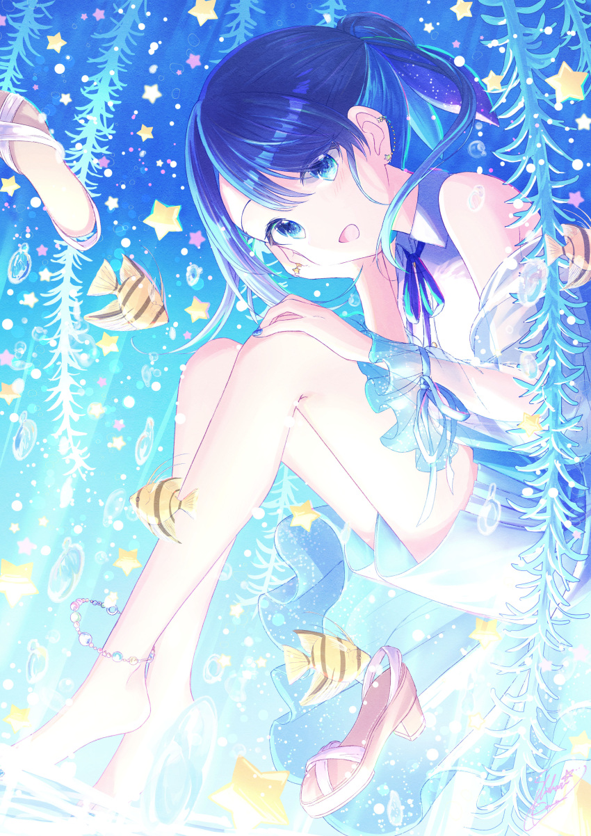 1girl absurdres bangs black_hair blue_eyes bubble dress fish highres nail_polish open_mouth original shiohari_kanna solo tropical_fish underwater water