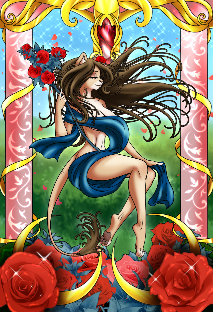 4322chan anthro art_nouveau brown_hair card detailed_background eye_scar eyes_closed facial_scar felid female floating flower fur hair hi_res lion looking_pleasured mammal nude pantherine plant rose_(flower) scar serbi solo tan_body tan_fur tarot_card