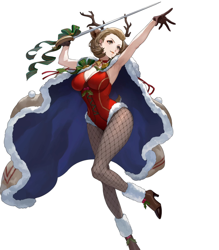 1girl animal_ears ankle_boots armpits bangs bell boots breasts brown_eyes brown_hair cape cleavage closed_mouth collarbone deer_antlers deer_tail ekao fake_animal_ears fire_emblem fire_emblem:_three_houses fire_emblem_heroes fishnet_legwear fishnets full_body fur_trim gloves halterneck high_heel_boots high_heels highres holding holding_sword holding_weapon large_breasts leotard lips looking_away manuela_casagranda mole mole_under_eye official_art pom_pom_(clothes) rapier red_leotard shiny shiny_clothes shiny_hair short_hair smile sword tail transparent_background weapon