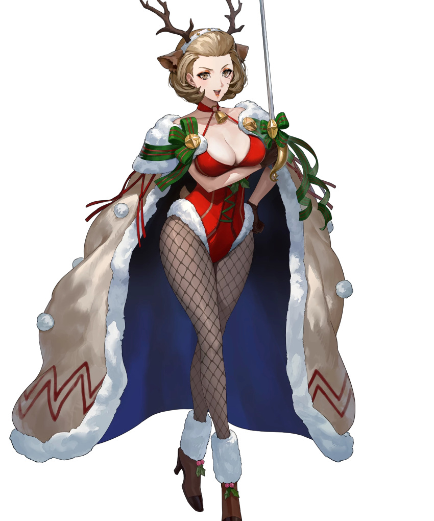 1girl animal_ears ankle_boots armpits bangs bell boots breasts brown_eyes brown_hair cape cleavage closed_mouth collarbone deer_antlers deer_tail ekao fake_animal_ears fire_emblem fire_emblem:_three_houses fire_emblem_heroes fishnet_legwear fishnets full_body fur_trim gloves halterneck hand_on_hip high_heel_boots high_heels highres holding holding_sword holding_weapon large_breasts leotard lips looking_at_viewer manuela_casagranda mole mole_under_eye official_art open_mouth pom_pom_(clothes) rapier red_leotard shiny shiny_clothes shiny_hair short_hair smile standing sword tail transparent_background weapon