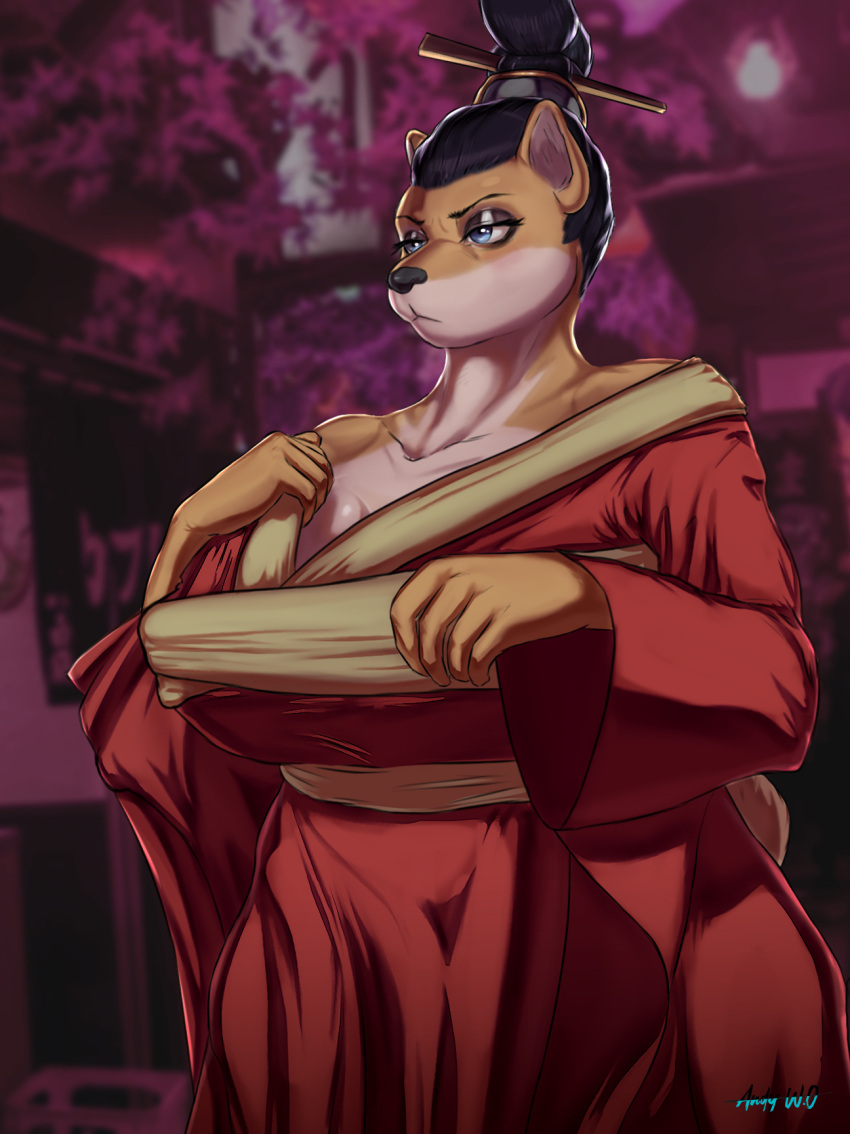 age_difference anthro asian_clothing big_breasts breasts canid canine canis cleavage clothed clothing darkdarkdarkandy.wo. domestic_dog east_asian_clothing eyeshadow female hair hair_bun hi_res japanese japanese_clothing kimono makeup mammal mature_female older_female shiba_inu solo spitz