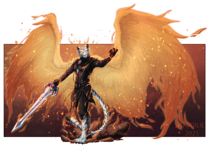 2021 4_toes 5_fingers anthro black_stripes clothed clothing digital_media_(artwork) feathered_wings feathers feet felid fingers fur hi_res holding_object holding_weapon hybrid male mammal orange pantherine ravoilie striped_body striped_fur stripes tiger toes weapon white_body white_fur wings