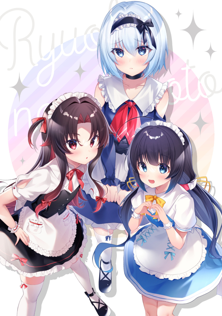 3girls :d alternate_costume apron background_text bare_shoulders black_footwear black_hair black_skirt blue_dress blue_eyes blue_footwear blue_hair blush bow closed_mouth collared_shirt commentary_request copyright_name dress enmaided frilled_apron frilled_shirt_collar frilled_skirt frills gyozanuko heart heart_hands highres hinatsuru_ai long_hair low_twintails maid multicolored_hair multiple_girls one_side_up puffy_short_sleeves puffy_sleeves red_bow red_hair romaji_text ryuuou_no_oshigoto! shirt shoes short_sleeves skirt smile sora_ginko sparkle thighhighs twintails two-tone_hair very_long_hair waist_apron white_apron white_legwear white_shirt wrist_cuffs yashajin_ai yellow_bow