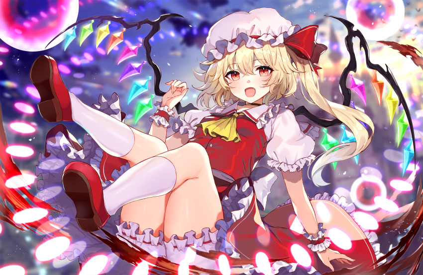 1girl abusoru ascot back_bow bangs blonde_hair bloomers blush bow crystal danmaku energy_ball fang flandre_scarlet frilled_shirt frilled_shirt_collar frilled_skirt frilled_sleeves frills hat hat_ribbon highres mob_cap multicolored_wings open_mouth puffy_short_sleeves puffy_sleeves red_bow red_eyes red_ribbon red_skirt red_vest ribbon ribbon_trim sash shirt short_hair short_hair_with_long_locks short_sleeves skirt solo spell spell_card thighs touhou underwear vest white_sash white_shirt wings wrist_cuffs yellow_ascot