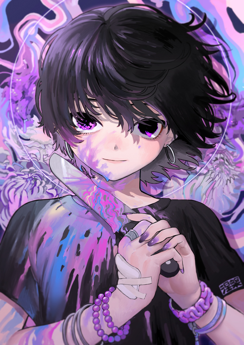 1boy absurdres androgynous bandaged_hand bandages bangle bead_bracelet beads black_hair blood blood_on_clothes blood_on_face bracelet cutting earrings fingernails floating_hair highres holding holding_knife hoop_earrings injury jewelry kirara_yakubou knife long_fingernails looking_at_viewer male_focus nail_polish original psychedelic purple_eyes purple_nails ring shirt short_hair smile solo stylized_blood t-shirt wind