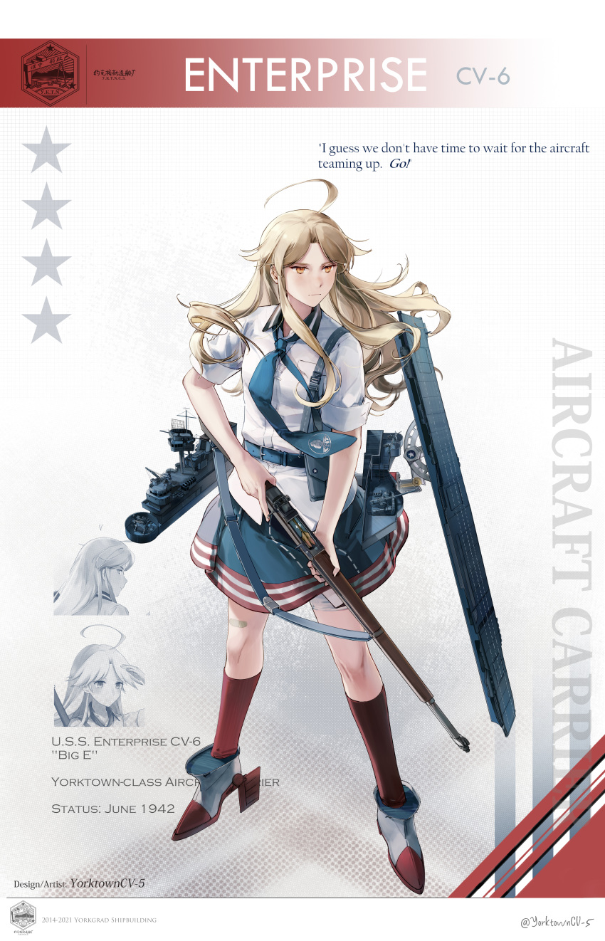 1girl aa_gun absurdres ahoge aircraft_carrier blonde_hair blue_necktie character_name english_text flight_deck gun high_heels highres holding holding_gun holding_weapon long_hair machinery mecha_musume military military_vehicle necktie original personification rifle rudder_footwear ship shirt short_sleeves sidelocks solo united_states_navy uss_enterprise_(cv-6) warship watercraft weapon white_shirt yorktown_cv-5