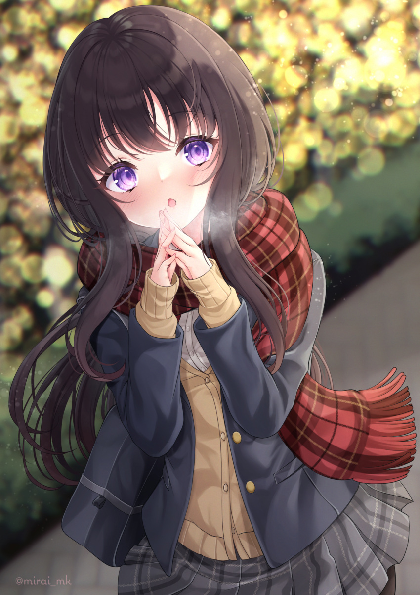1girl :o bag black_hair black_jacket blazer blurry blurry_background breath breathing_on_hands brown_cardigan cardigan commentary_request depth_of_field fringe_trim grey_skirt hands_up highres interlocked_fingers jacket long_hair long_sleeves looking_at_viewer mirai_(happy-floral) open_clothes open_jacket original outdoors parted_lips plaid plaid_scarf pleated_skirt purple_eyes red_scarf scarf school_bag school_uniform skirt sleeves_past_wrists solo twitter_username very_long_hair
