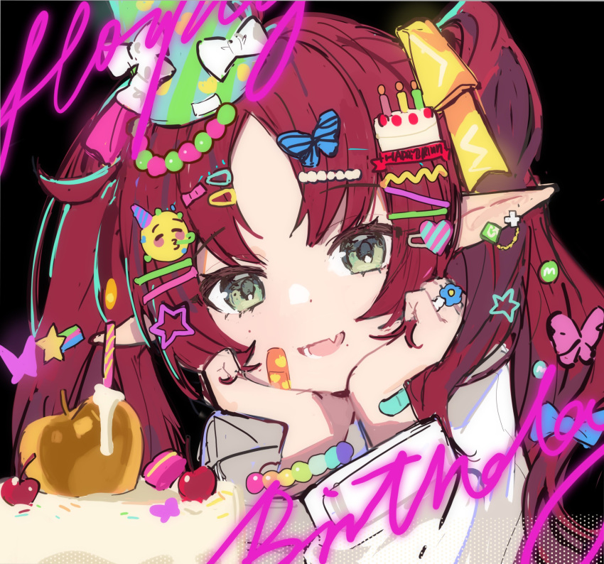 acidear apple arknights bandaid bandaid_on_face cake candle cherry earrings food fruit golden_apple green_eyes hair_ornament hat head_on_hand highres jewelry looking_at_viewer myrtle_(arknights) pointy_ears red_hair ring smile