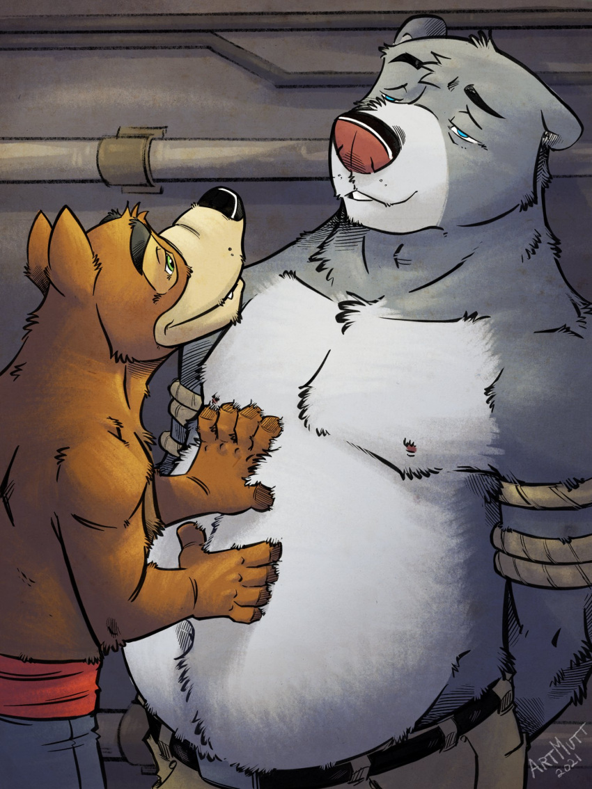 2021 anthro baloo belly belly_rub black_nose blue_eyes bottomwear bound brown_body brown_fur canid canine canis clothing disney don_karnage duo fur grey_body grey_fur hi_res k-9 male mammal moobs nipples overweight overweight_male pants rope talespin ursid wolf