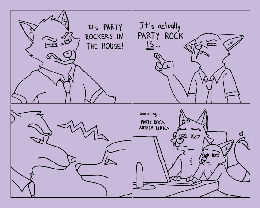 &lt;3 anthro arguing canid canine canis casual_nudity clothed clothing computer dialogue disney duo entwined_tails fox hi_res humor keyboard kodigozoot male male/male mammal meme mr._wolf_(the_bad_guys) nick_wilde nude party_rockers romantic romantic_couple simple_background tail_coil topless wolf zootopia