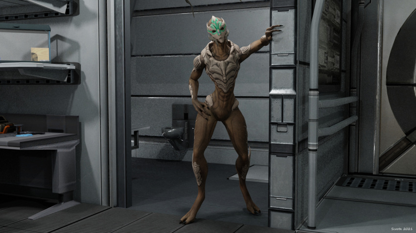 absurd_res alien bathroom bodypaint face_paint female furniture genitals hand_on_hip hi_res inside leaning_on_wall looking_at_viewer mass_effect nude pussy scoota shelves solo spacecraft standing table toilet turian valenea_oroso vehicle video_games