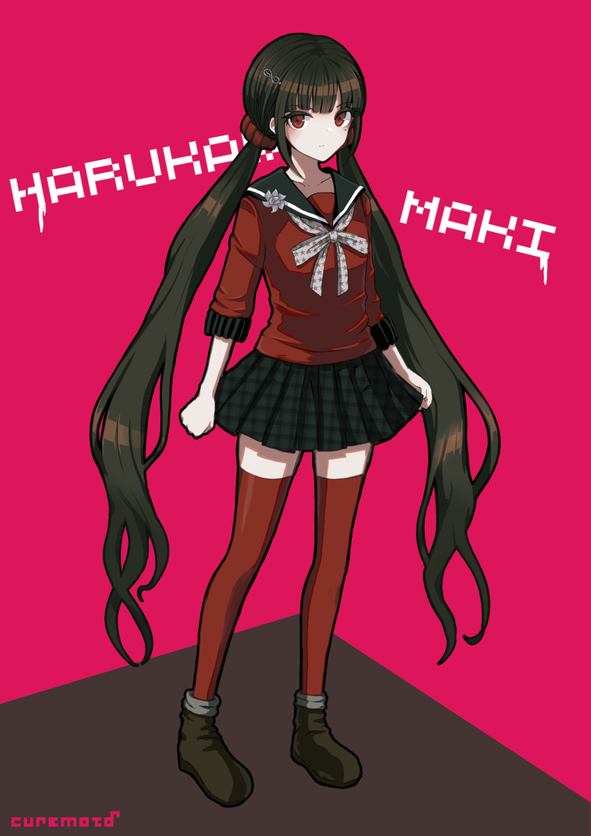 1girl absurdres artist_name bangs black_sailor_collar black_skirt blunt_bangs bow bowtie brown_footwear brown_hair character_name clenched_hands closed_mouth collarbone commentary_request danganronpa_(series) danganronpa_v3:_killing_harmony eyebrows_visible_through_hair grey_bow grey_bowtie hair_ornament hairclip harukawa_maki highres kyua_moto long_hair long_sleeves looking_at_viewer low_twintails mole mole_under_eye plaid plaid_skirt pleated_skirt polka_dot polka_dot_bow red_background red_eyes red_legwear red_scrunchie red_shirt sailor_collar school_uniform scrunchie shirt shoes simple_background skirt thighhighs twintails