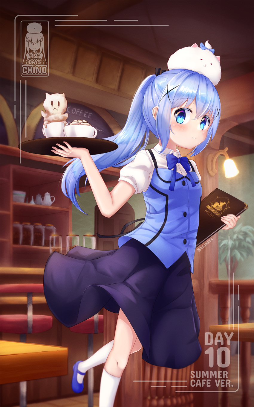 1girl animal_on_head bangs blue_bow blue_bowtie blue_eyes blue_footwear blue_hair blue_ribbon blue_vest blush bow bowtie bunny bunny_on_head cafe closed_mouth collared_shirt dress_shirt eyebrows_visible_through_hair floating_hair gochuumon_wa_usagi_desu_ka? hair_between_eyes hair_ornament hair_ribbon highres holding holding_plate kafuu_chino kneehighs long_hair looking_at_viewer mary_janes medium_skirt nozo.me on_head plate ponytail purple_skirt rabbit_house_uniform ribbon shiny shiny_hair shirt shoes short_sleeves skirt smile solo tippy_(gochiusa) vest walking white_legwear white_shirt wing_collar x_hair_ornament