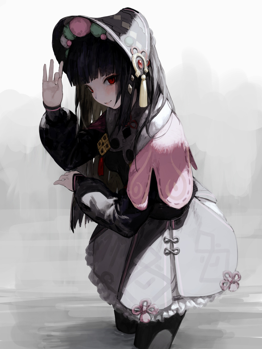 1girl absurdres bangs black_dress black_hair black_legwear blunt_bangs dress egk513 frilled_dress frills genshin_impact gothic_lolita hair_ornament half-closed_eyes hand_up hat highres hime_cut lolita_fashion long_hair long_sleeves looking_at_viewer pantyhose partially_submerged red_eyes smile solo yunjin_(genshin_impact)