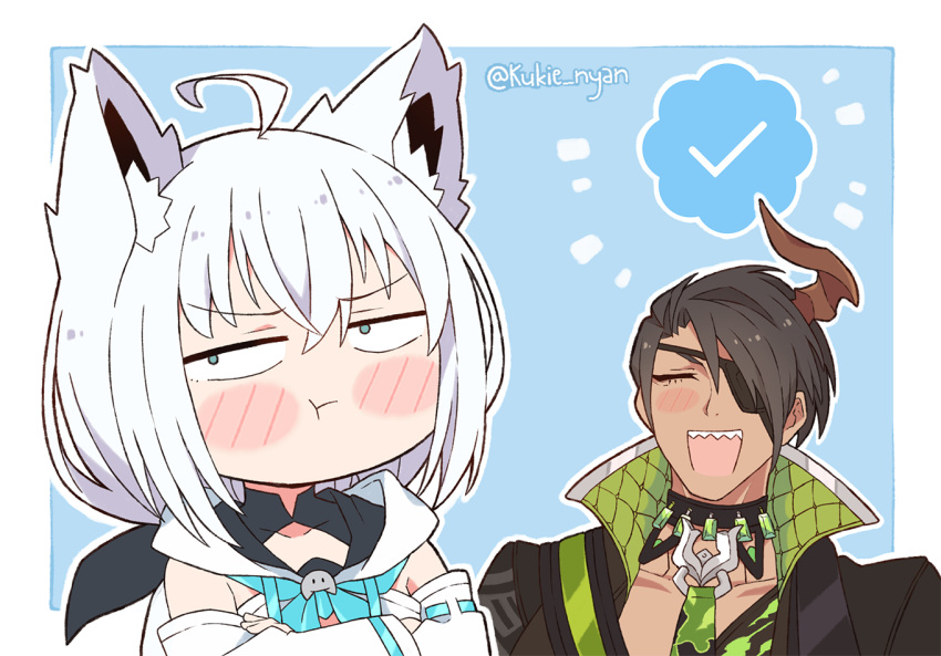 1girl ahoge animal_ears aragami_oga black_hair braid dark_skin eyepatch fox_ears fox_girl hololive holostars horns kukie-nyan long_hair looking_at_viewer open_mouth pout shirakami_fubuki single_horn smile virtual_youtuber white_hair