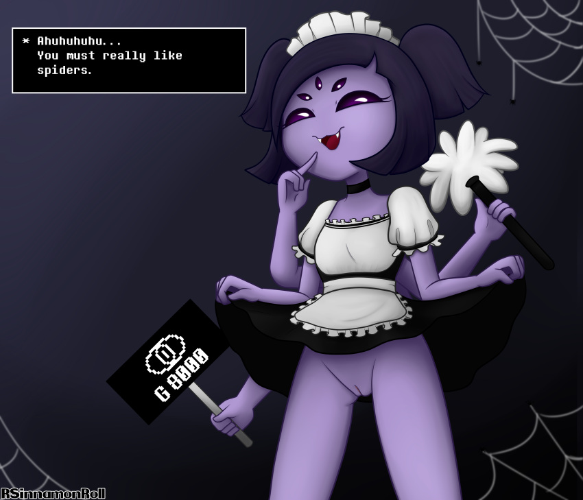 :3 absurd_res anthro arachnid arthropod bottomless bottomwear clothed clothing clothing_lift fangs female genitals hi_res looking_at_viewer maid_uniform muffet multi_arm multi_eye multi_limb open_mouth open_smile pussy rsinnamonroll skirt skirt_lift smile solo spider undertale undertale_(series) uniform video_games