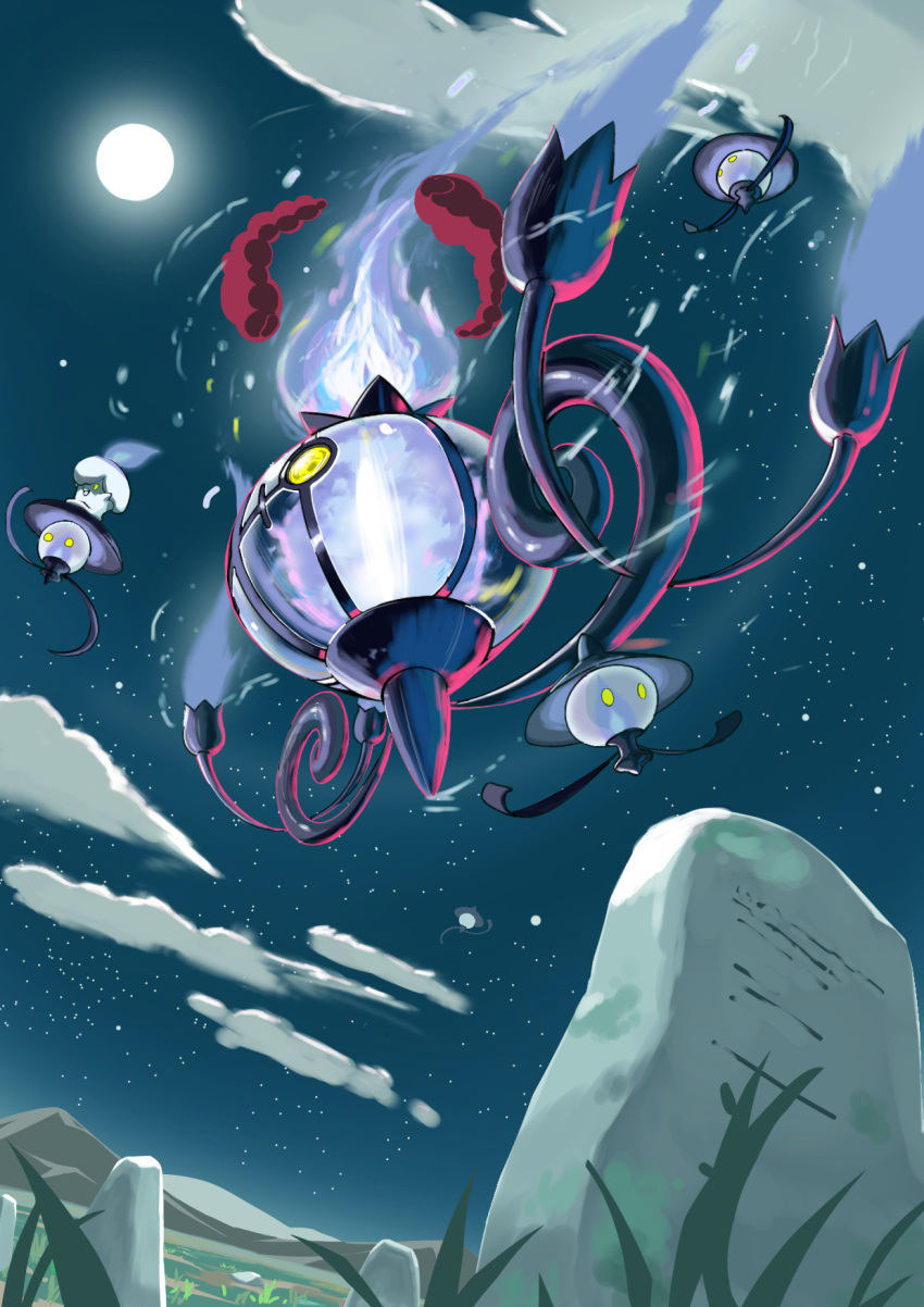 chandelure cloud commentary_request evolutionary_line fire from_below highres lampent litwick menma1/2 moon night no_humans outdoors pokemon pokemon_(creature) sky star_(sky) tombstone yellow_eyes