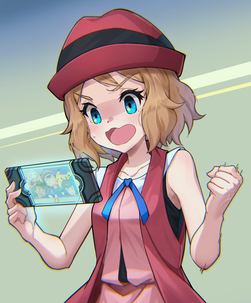 1girl absurdres ash_ketchum bare_arms blue_eyes blush brown_hair clenched_hand commentary_request eyelashes hat highres holding lana_(pokemon) lillie_(pokemon) looking_down mallow_(pokemon) medium_hair open_mouth pikachu pokemon pokemon_(anime) pokemon_sm_(anime) pokemon_xy_(anime) red_headwear samiou serena_(pokemon) sleeveless solo tongue upper_body w_arms