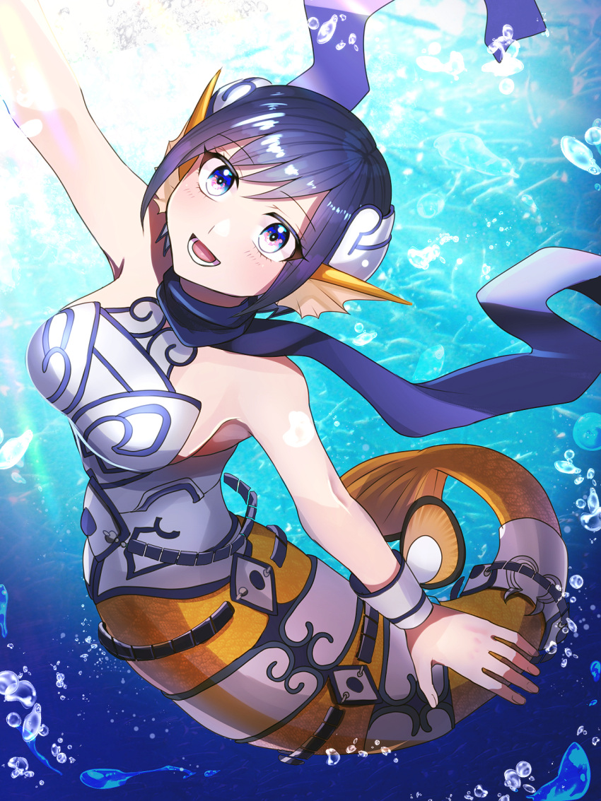 1girl :d air_bubble arm_up armor armpits bangs bare_shoulders black_hair blue_eyes blue_scarf breasts bubble commentary duel_monster eyebrows_visible_through_hair fins head_fins highres kneeless_mermaid large_breasts looking_up mermaid mermail_abyssgunde monster_girl open_mouth popon_ta_(npopo) scarf sidelocks smile solo teeth twisted_torso underwater upper_teeth wrist_cuffs yu-gi-oh!