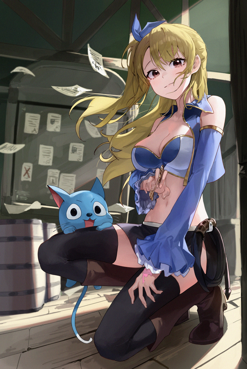 1girl absurdres barrel black_legwear black_skirt blonde_hair blue_bra blue_ribbon blue_sleeves blue_vest boots bra breasts brown_eyes brown_footwear cat cleavage closed_mouth commentary cropped_vest detached_sleeves english_commentary fairy_tail full_body hair_ribbon happy_(fairy_tail) highres holding holding_pen indoors kneeling large_breasts light_smile long_hair looking_at_viewer lucy_heartfilia mac_star navel one_side_up paper pen ribbon skirt solo thighhighs underwear vest whip wooden_floor