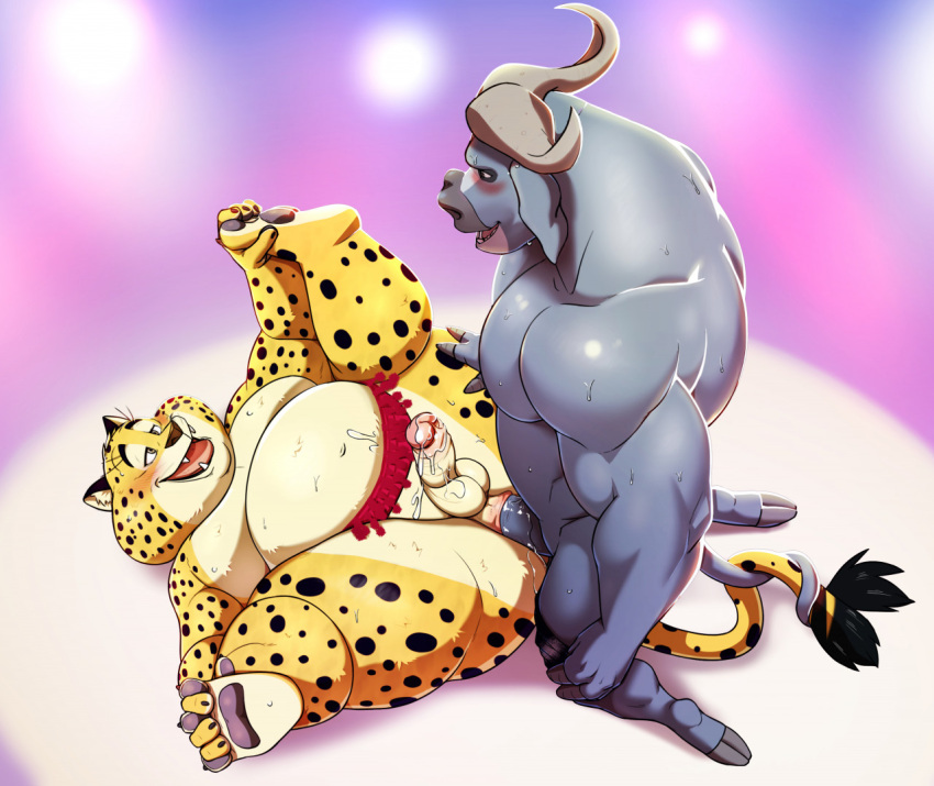 anal anal_penetration anthro balls benjamin_clawhauser bovid bovine cheetah chief_bogo disney duo felid feline genitals humanoid_genitalia humanoid_penis male male/male mammal overweight penetration penis seyrmo true_buffalo water_buffalo zootopia