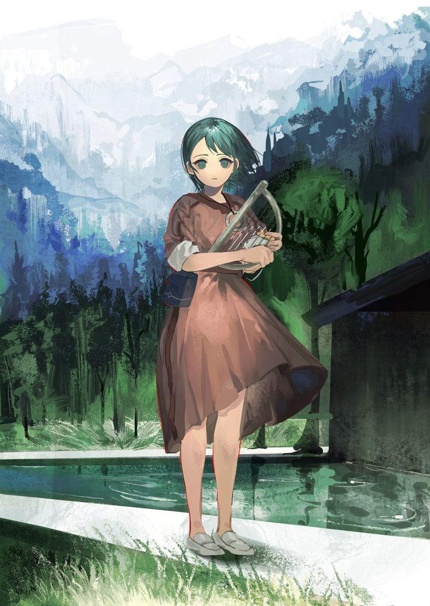 1girl absurdres brown_dress day dress erin_(kemono_no_souja_erin) green_eyes green_hair harp highres holding holding_instrument instrument isomu jewelry kemono_no_souja_erin looking_at_viewer mountain necklace outdoors pouch sketch solo standing water white_footwear