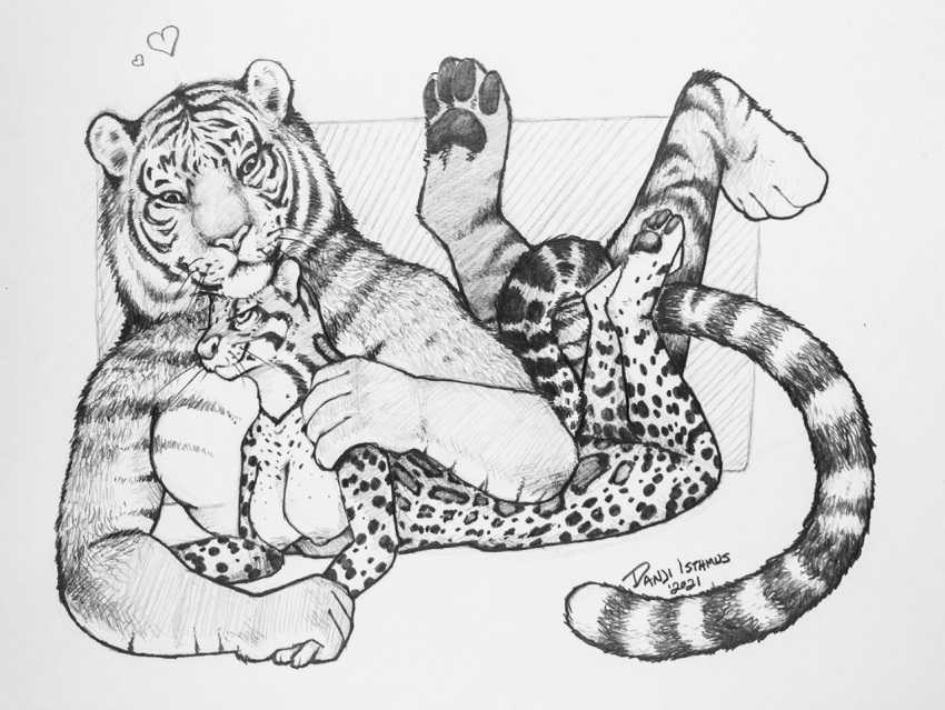 &lt;3 anthro breasts cuddling danji-isthmus duo felid female hand_holding hand_on_shoulder hanging_breasts leopard male male/female mammal nude pantherine size_difference sketch spots stripes tiger