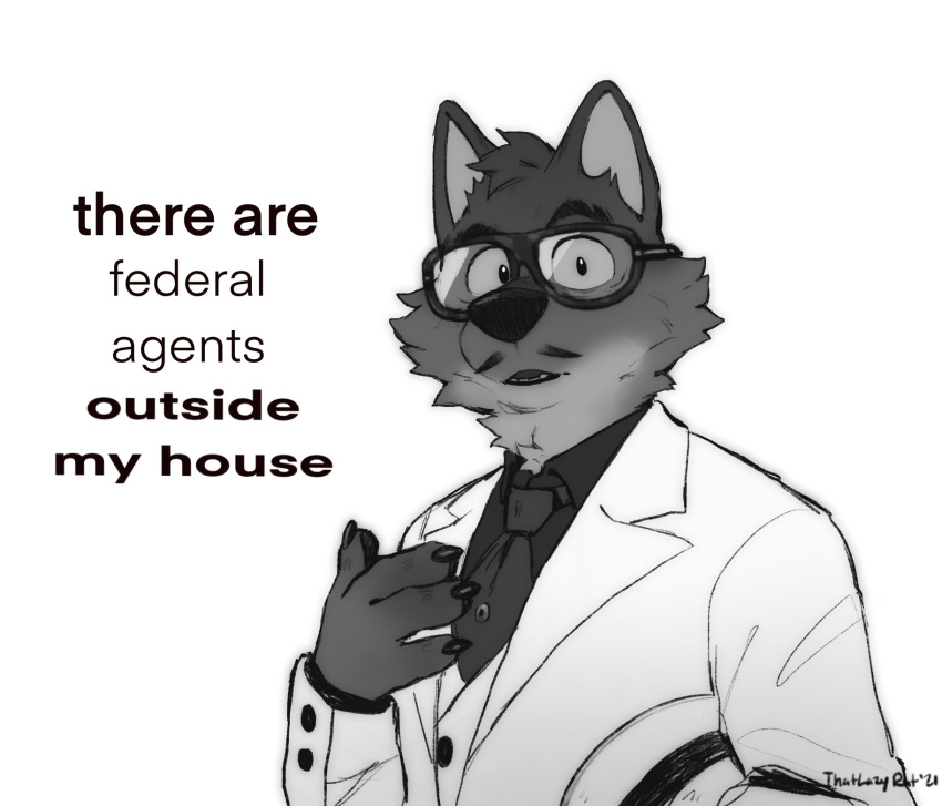 2021 alternate_version_at_source anthro canid canine canis claws clothed clothing dreamworks dress_shirt english_text eyebrows eyewear facial_hair fur glasses greyscale hi_res humor jacket looking_at_viewer male mammal meme monochrome mr._wolf_(the_bad_guys) mustache necktie reaction_image shirt signature solo suit text thatlazyrat the_bad_guys topwear tuft wolf
