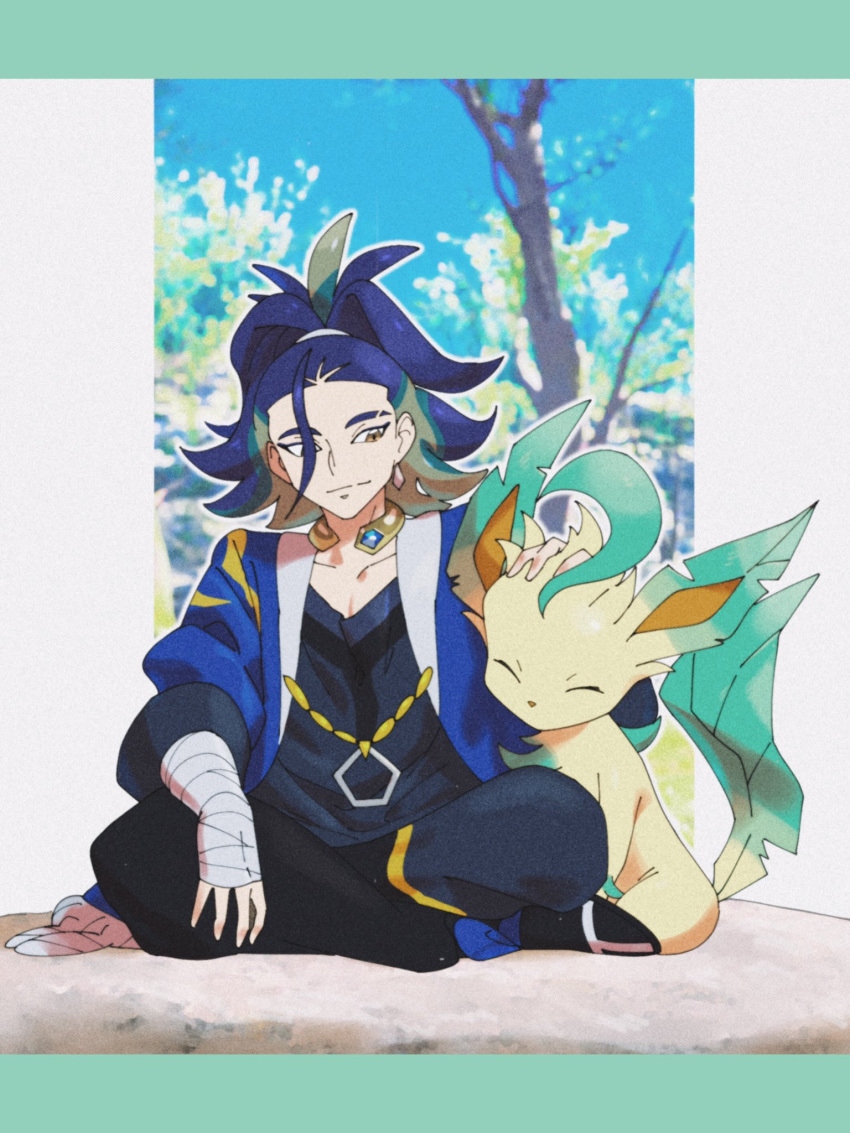 1boy adaman_(pokemon) arm_wrap bangs blue_coat blue_hair brown_eyes closed_mouth coat collar collarbone commentary hair_tie hand_up headpat highres hungry_seishin leafeon letterboxed looking_to_the_side male_focus medium_hair open_clothes open_coat pokemon pokemon_(creature) pokemon_(game) pokemon_legends:_arceus sitting smile split_mouth tied_hair tree