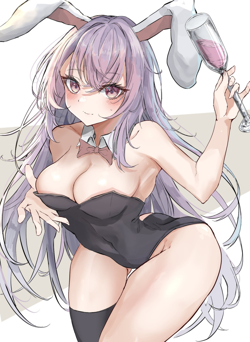 1girl alternate_costume alternate_eye_color animal_ears bangs bare_shoulders black_legwear blush breasts cleavage closed_mouth collarbone commentary_request covered_navel cup detached_collar drinking_glass eyelashes hegata_(hegatia_lapis) highres holding holding_cup light_purple_hair long_hair looking_at_viewer medium_breasts playboy_bunny purple_eyes purple_hair rabbit_ears reisen_udongein_inaba sidelocks simple_background solo standing sweatdrop thighhighs thighs touhou white_background wine_glass wing_collar