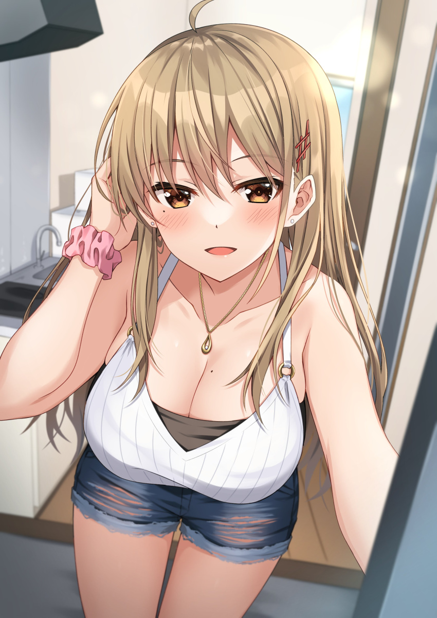 1girl absurdres ahoge bangs bare_arms bare_shoulders blue_shorts blurry blush breasts brown_eyes brown_hair camisole class_no_gyaru_ga_nazeka_ore_no_gimai_to_nakayoku_natta. cleavage collarbone cowboy_shot cutoffs denim denim_shorts depth_of_field doorway dutch_angle earrings eyebrows_visible_through_hair hair_between_eyes hair_ornament hair_over_shoulder hand_in_hair hand_up highres indoors jewelry komori_kuzuyu leaning_forward long_hair looking_at_viewer medium_breasts mole mole_on_breast mole_under_eye novel_illustration official_art open_mouth opening_door pendant pink_scrunchie pov_doorway scrunchie short_shorts shorts smile solo standing stud_earrings takarai_yua textless torn_clothes torn_shorts very_long_hair white_camisole wrist_scrunchie