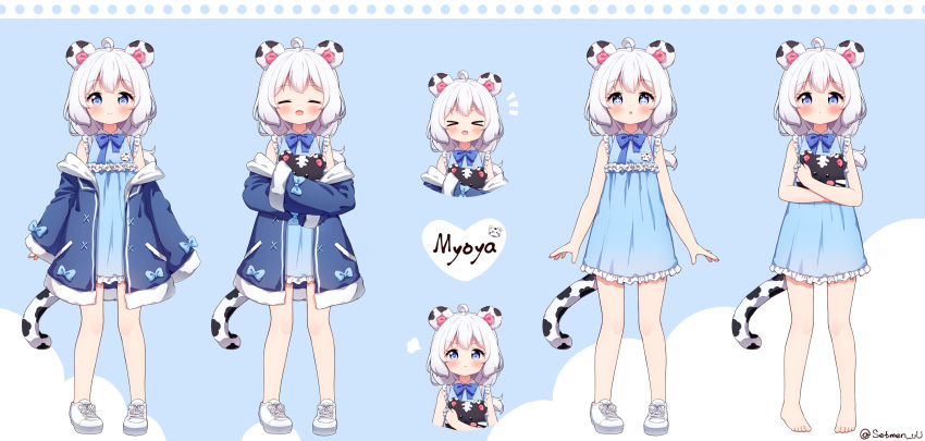 &gt;_&lt; +_+ 1girl :d :t ahoge animal_ears bangs blue_background blue_bow blue_dress blue_eyes blue_jacket blush bow closed_eyes closed_mouth collared_dress commentary_request copyright_request dress eyebrows_visible_through_hair facing_viewer frilled_dress frills highres jacket long_hair long_sleeves looking_at_viewer multiple_views notice_lines object_hug off_shoulder pout setmen shoes sleeveless sleeveless_dress sleeves_past_fingers sleeves_past_wrists smile standing stuffed_animal stuffed_cat stuffed_toy symbol-shaped_pupils tail tiger_ears tiger_girl tiger_tail v-shaped_eyebrows virtual_youtuber white_footwear white_hair