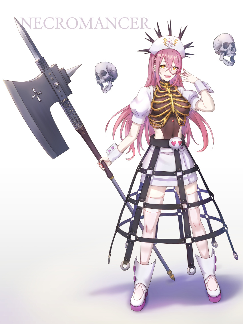 1girl :d absurdres bangs boots brown_eyes brown_leotard covered_navel eyebrows_visible_through_hair full_body hair_between_eyes halberd hand_up heart highres holding holding_polearm holding_weapon jewelry leotard leotard_under_clothes long_hair looking_at_viewer necromancer original pink_hair polearm puffy_short_sleeves puffy_sleeves ring short_sleeves shouhei skirt skull smile solo standing very_long_hair weapon white_background white_footwear white_headwear white_skirt wrist_cuffs