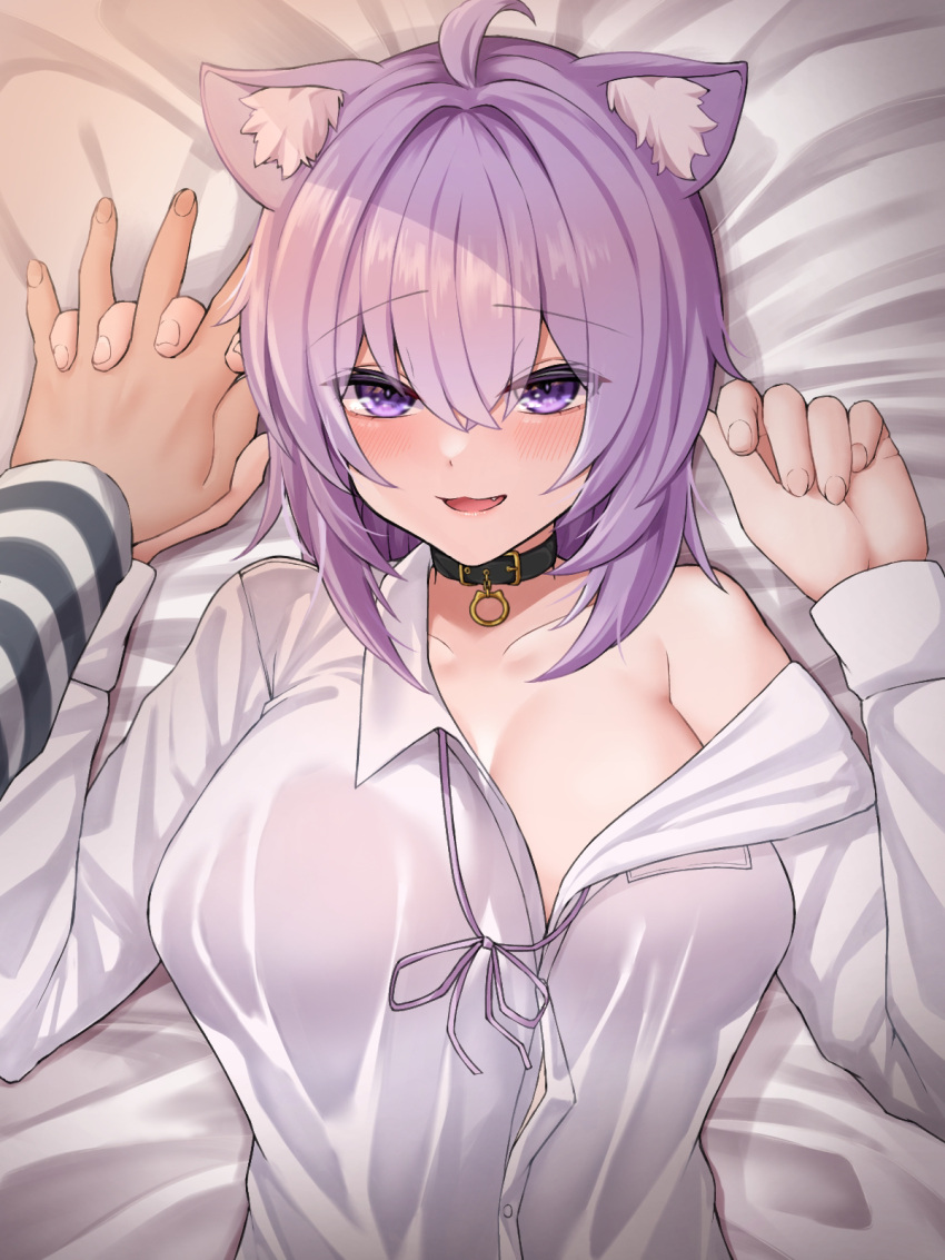 1girl ahoge animal_ears bisuke_(isbsk_ekaki) blush breasts cat_ears fang fingernails highres holding_hands hololive large_breasts lying nekomata_okayu on_back on_bed purple_eyes purple_hair shirt virtual_youtuber white_shirt