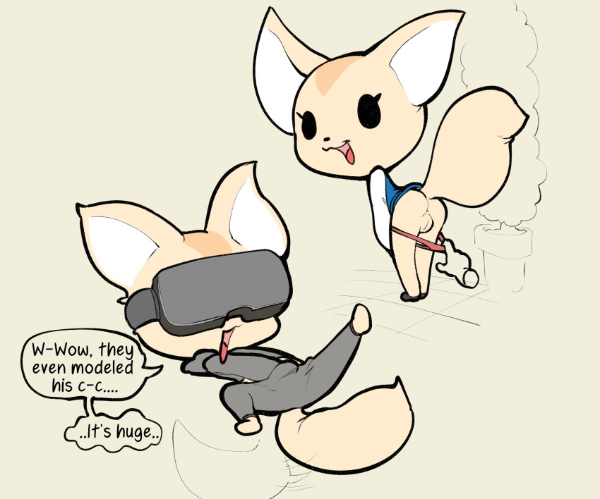 2021 aggressive_retsuko ambiguous_gender anthro assisted_exposure big_head black_eyes butt canid canine clothed clothed_masturbation clothing clothing_pull dialogue disembodied_hand duo empty_eyes english_text female female/ambiguous female_focus fennec fenneko fox fur genitals hand_in_pants hi_res itsunknownanon looking_back mammal masturbation panties panties_down panty_pull partially_clothed pussy sanrio solo_focus spread_legs spreading tan_body tan_fur text underwear underwear_down underwear_pull vaginal vaginal_masturbation vr_headset