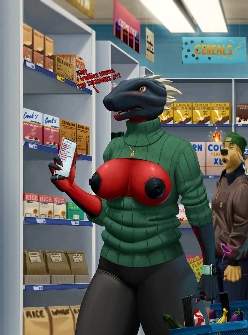 anthro areola big_areola big_breasts big_nipples black_body black_nipples breasts canid canine canis casual_exposure casual_nudity claws clothed clothing cutout dialogue digital_media_(artwork) domestic_dog english_text female food fur hat headgear headwear hi_res holding_object jewelry leggings legwear mammal nipples open_mouth phone red_body scalie shopping solo standing store sweater tall_lizzard_(artist) text thick_thighs tight_clothing tight_fit topwear turtleneck wide_hips