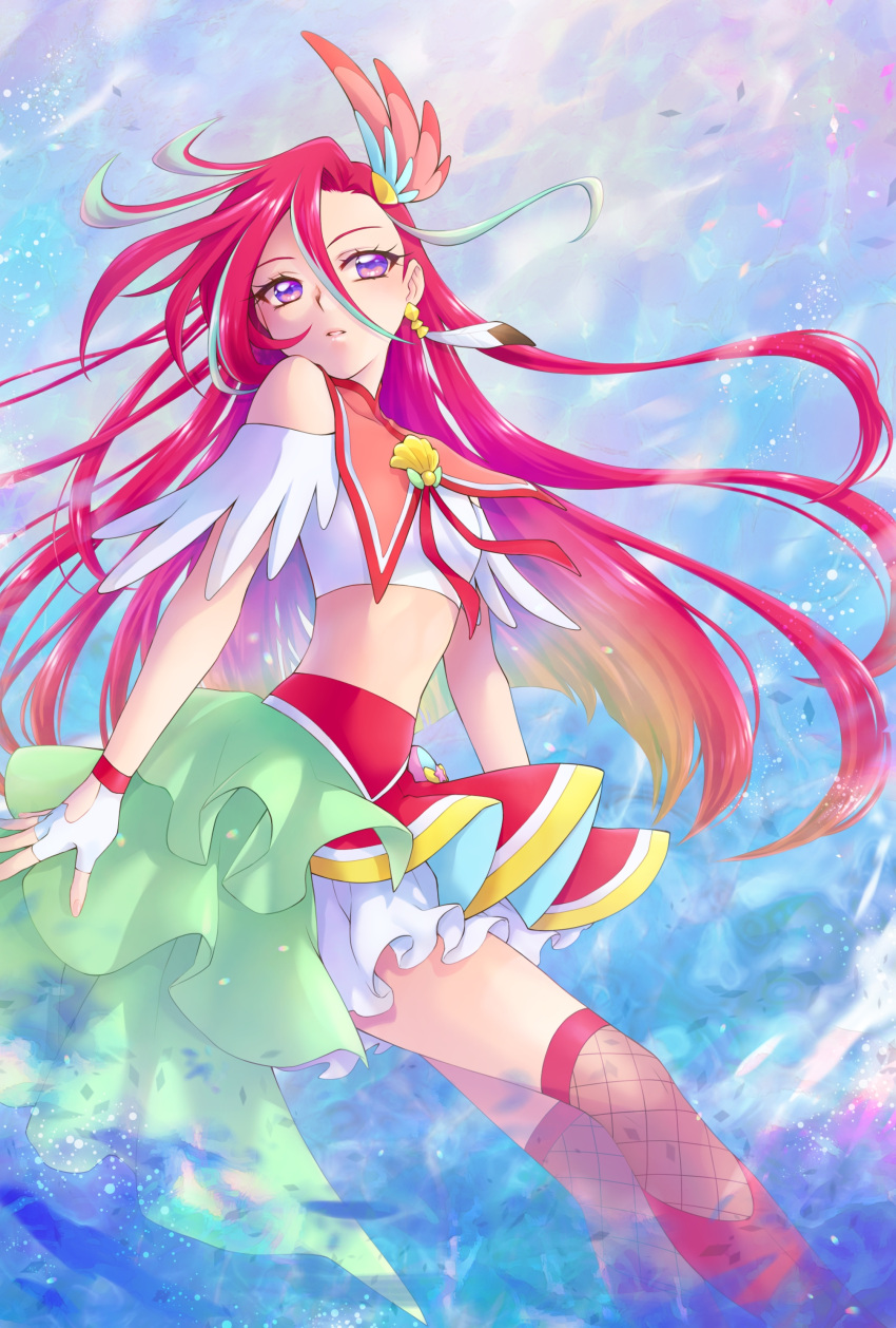 1girl absurdres aizen_(syoshiyuki) aqua_hair boots crop_top cure_flamingo earrings feather_earrings feathers feet_out_of_frame fingerless_gloves fishnet_legwear fishnets gloves hair_ornament heart heart_in_eye highres jewelry knee_boots layered_skirt long_hair looking_at_viewer magical_girl multicolored_eyes multicolored_hair parted_lips pink_eyes pouch precure purple_eyes red_footwear red_hair red_skirt single_earring skirt solo streaked_hair symbol_in_eye takizawa_asuka thighhighs tropical-rouge!_precure white_gloves