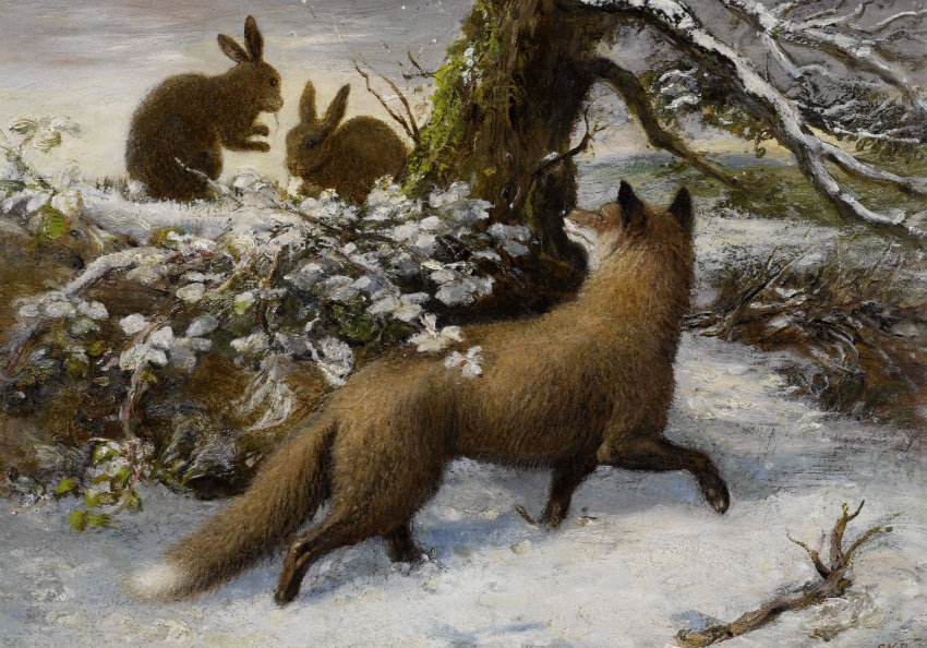 19th_century ambiguous_gender ancient_furry_art brown_body brown_fur canid canine detailed_background dipstick_tail ebenetzer_downard feral fox fur group hi_res lagomorph leporid mammal markings nude oil_painting_(artwork) outside painting_(artwork) plant public_domain quadruped rabbit red_fox snow tail_markings traditional_media_(artwork) tree winter