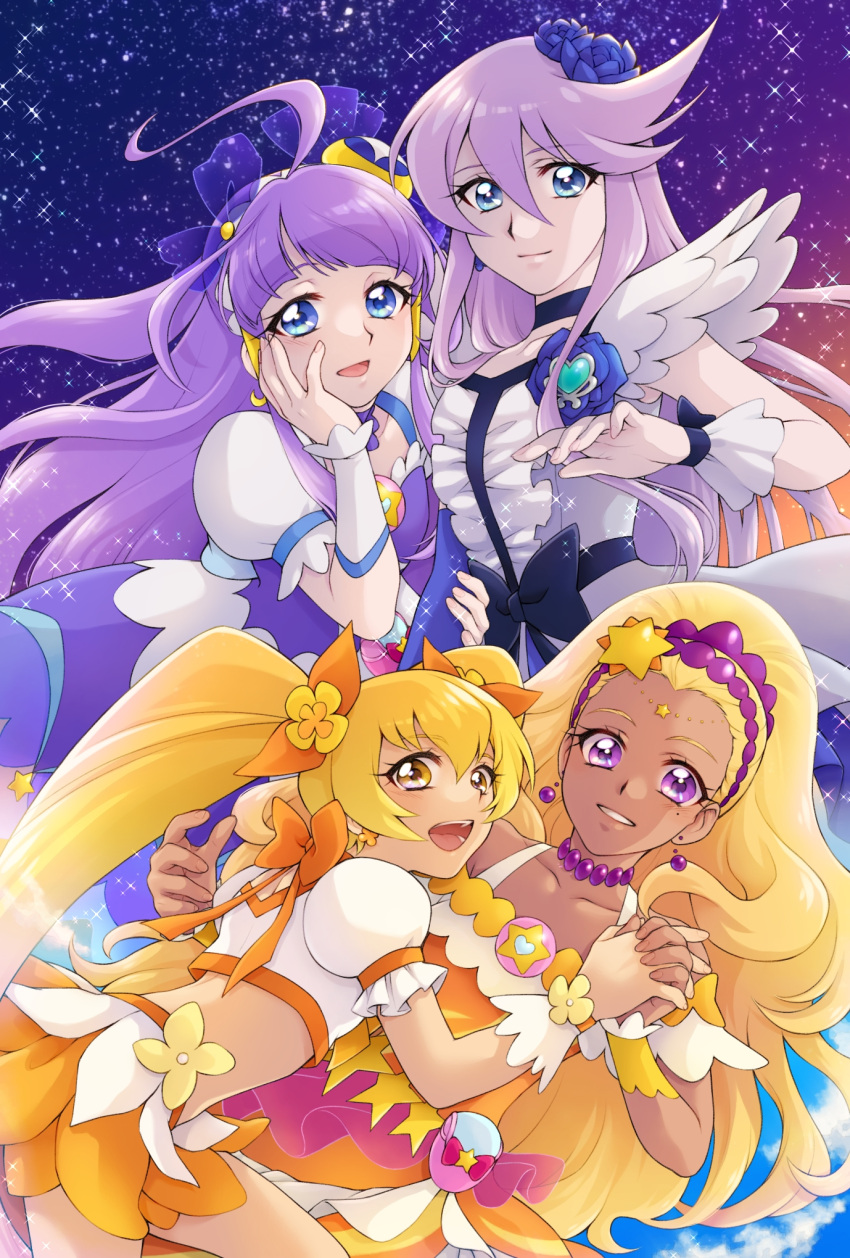 4girls :d ahoge aizen_(syoshiyuki) amamiya_erena bangs black_choker blonde_hair blue_eyes blue_flower blue_rose blunt_bangs bow brooch choker circlet closed_mouth cloud collarbone color_connection crescent crescent_earrings crop_top cure_moonlight cure_selene cure_soleil cure_sunshine dress earrings elbow_gloves flower frills gloves hair_between_eyes hair_bow hair_color_connection hair_flower hair_ornament hair_tubes hand_on_own_face heartcatch_precure! highres holding_hands jewelry kaguya_madoka long_hair looking_at_viewer magical_girl midriff multiple_girls myoudouin_itsuki night night_sky open_mouth orange_choker orange_dress orange_skirt precure puffy_sleeves purple_bow purple_choker purple_dress purple_gloves purple_hair ribbon_choker rose see-through sidelocks single_elbow_glove skirt sky smile sparkle star_(symbol) star_hair_ornament star_twinkle_precure swept_bangs symmetry tan trait_connection tsukikage_yuri twintails wrist_cuffs yellow_eyes