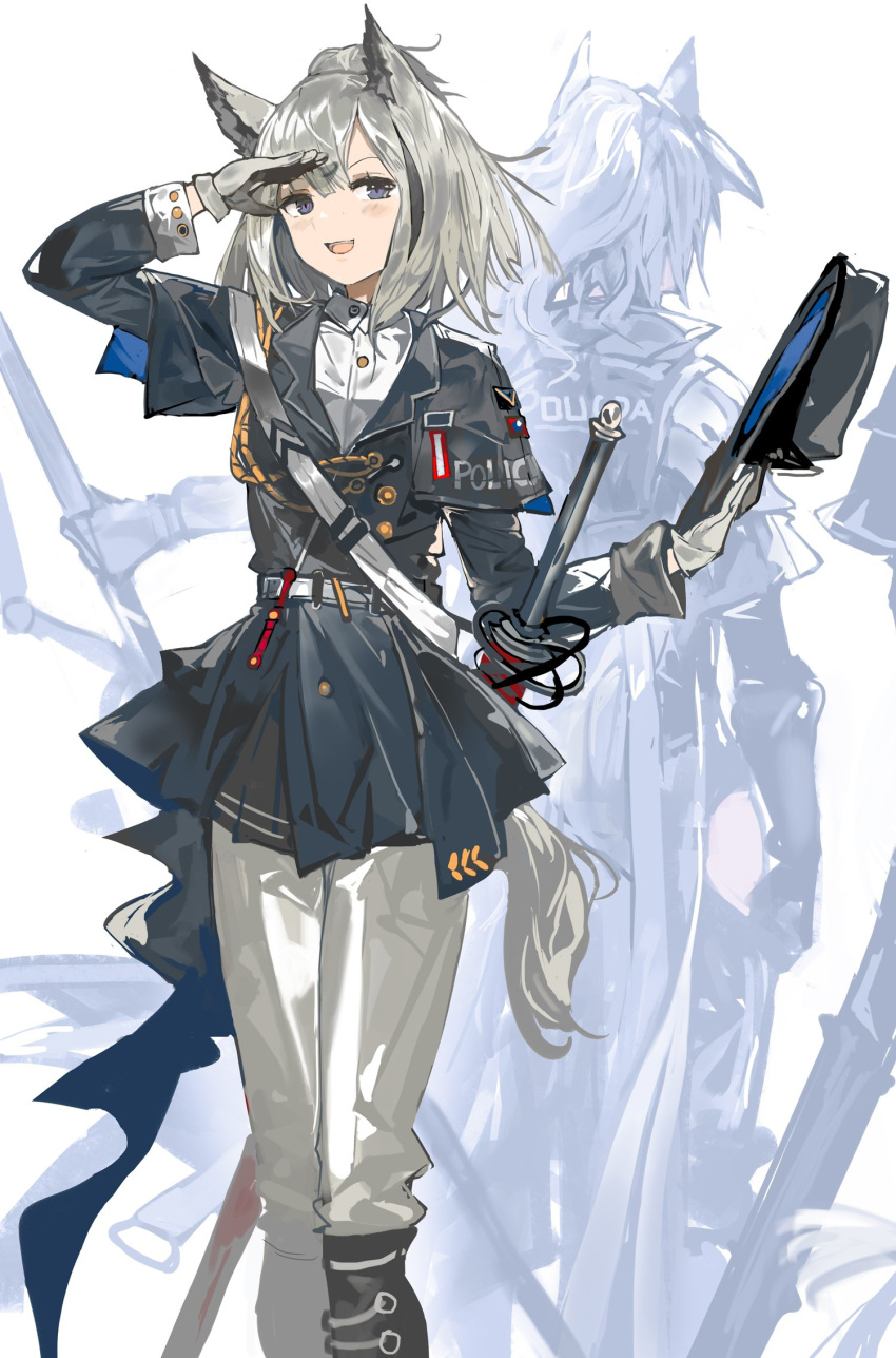 1girl :d alchemaniac animal_ears arknights belt black_headwear black_jacket gloves grani_(arknights) grey_gloves grey_hair hand_up hat highres holding holding_clothes holding_hat jacket looking_at_viewer open_mouth pants police police_uniform ponytail purple_eyes salute smile standing sword tail uniform weapon white_belt white_pants