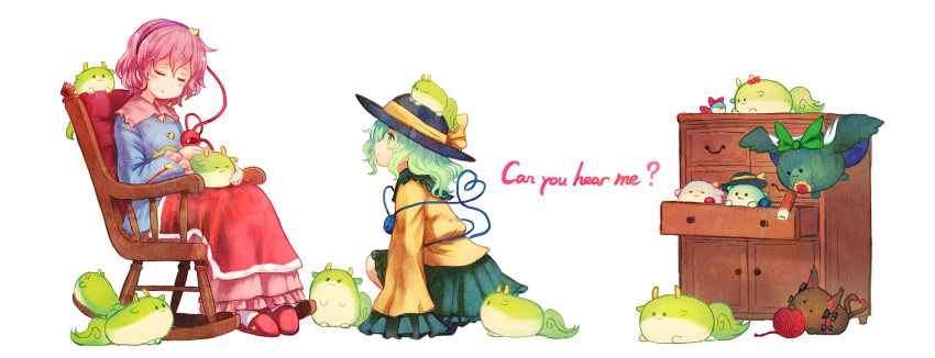 2girls arm_cannon black_hairband black_hat blanket blue_shirt bow chair drawer english_text eyes_closed frilled_sleeves frills green_eyes green_hair green_skirt hairband hat hat_bow heart highres horns kaenbyou_rin kamishirasawa_keine_(hakutaku) kneeling komeiji_koishi komeiji_satori long_hair miniskirt multiple_girls pink_hair pink_skirt red_bow red_footwear reiuji_utsuho rocking_chair shirt short_hair siblings simple_background sisters sitting skirt slippers smile socks sukusuku_hakutaku terrajin third_eye touhou weapon white_background white_legwear yarn yarn_ball yellow_bow yellow_shirt